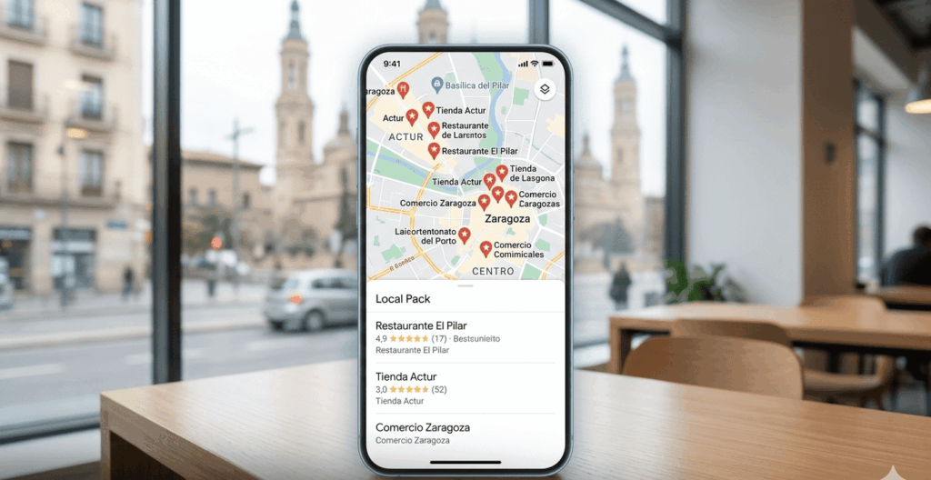 Ejemplo de Local Pack de Google en Zaragoza mostrando negocios del Actur y el Centro.